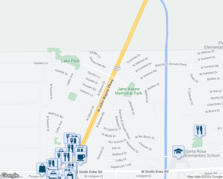 map of restaurants, bars, coffee shops, grocery stores, and more near 22296 North Braden Road in Maricopa