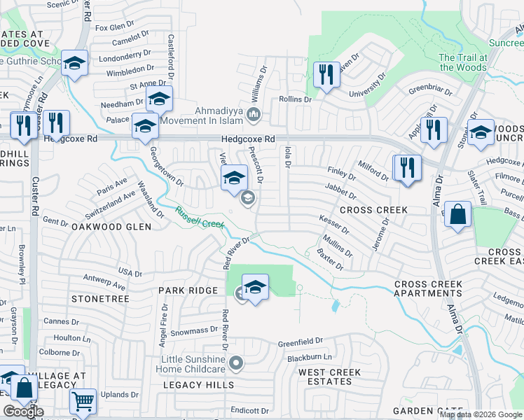 map of restaurants, bars, coffee shops, grocery stores, and more near 1625 Kesser Drive in Plano