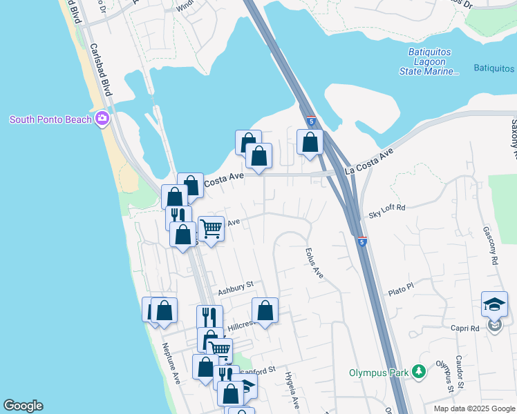 map of restaurants, bars, coffee shops, grocery stores, and more near 1938 Sheridan Road in Encinitas