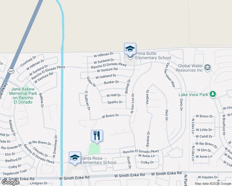 map of restaurants, bars, coffee shops, grocery stores, and more near 42396 West Hall Drive in Maricopa