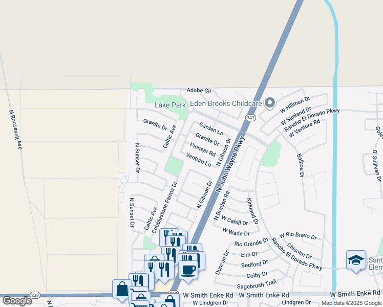map of restaurants, bars, coffee shops, grocery stores, and more near 44190 Venture Lane in Maricopa