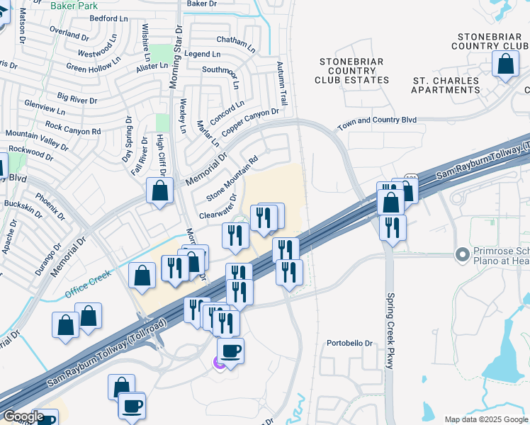 map of restaurants, bars, coffee shops, grocery stores, and more near Stone Creek Drive in The Colony