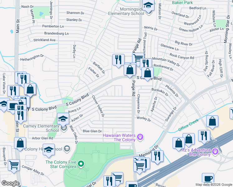 map of restaurants, bars, coffee shops, grocery stores, and more near 4909 Avery Circle in The Colony