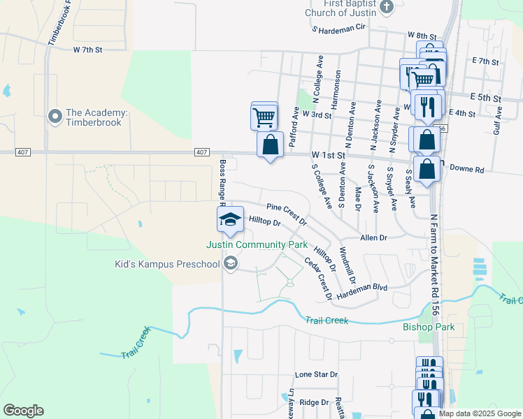 map of restaurants, bars, coffee shops, grocery stores, and more near 279 Pine Crest Drive in Justin