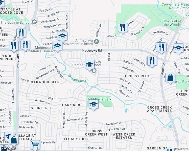 map of restaurants, bars, coffee shops, grocery stores, and more near 7701 Prescott Drive in Plano