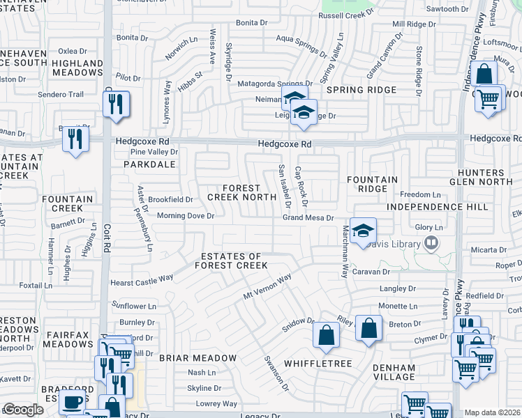 map of restaurants, bars, coffee shops, grocery stores, and more near 7704 Cherry Creek Drive in Plano