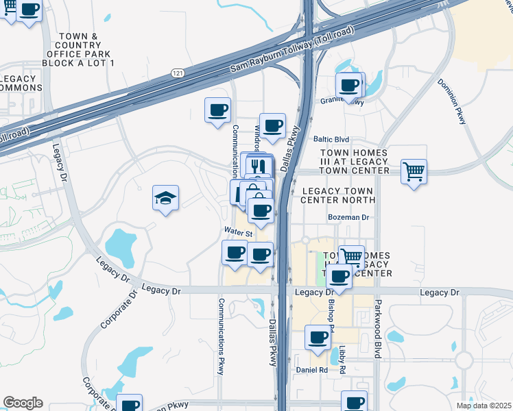 map of restaurants, bars, coffee shops, grocery stores, and more near 7701 Windrose Avenue in Plano