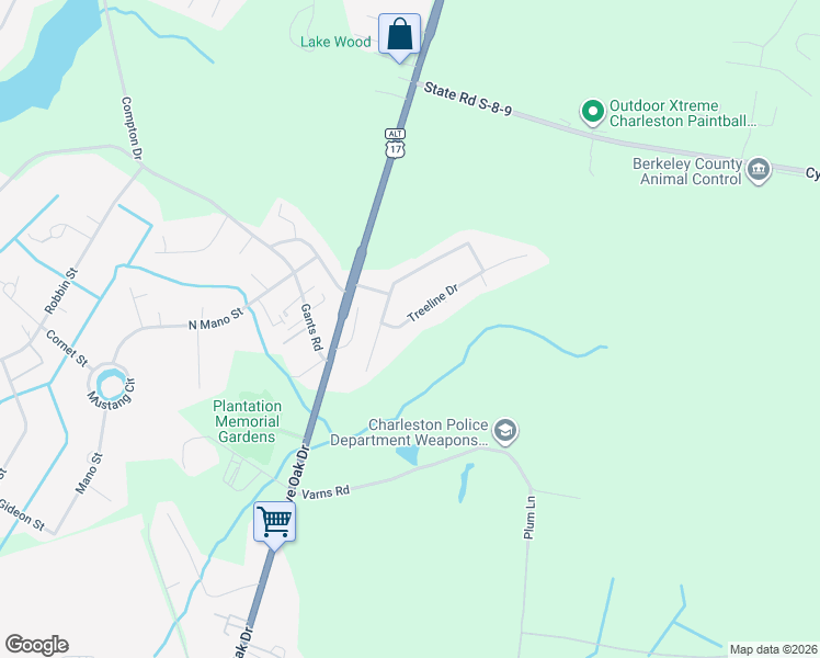 map of restaurants, bars, coffee shops, grocery stores, and more near 407 Treeline Drive in Moncks Corner