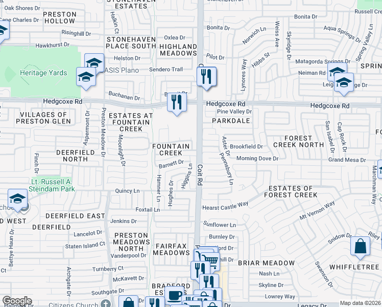 map of restaurants, bars, coffee shops, grocery stores, and more near 4008 Christopher Way in Plano