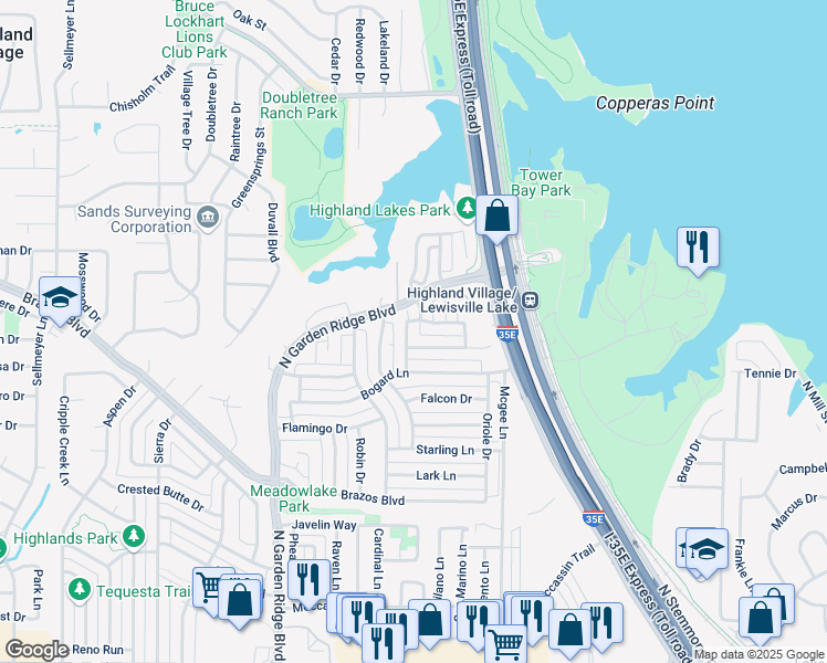 map of restaurants, bars, coffee shops, grocery stores, and more near 2213 Campbellcroft Drive in Lewisville