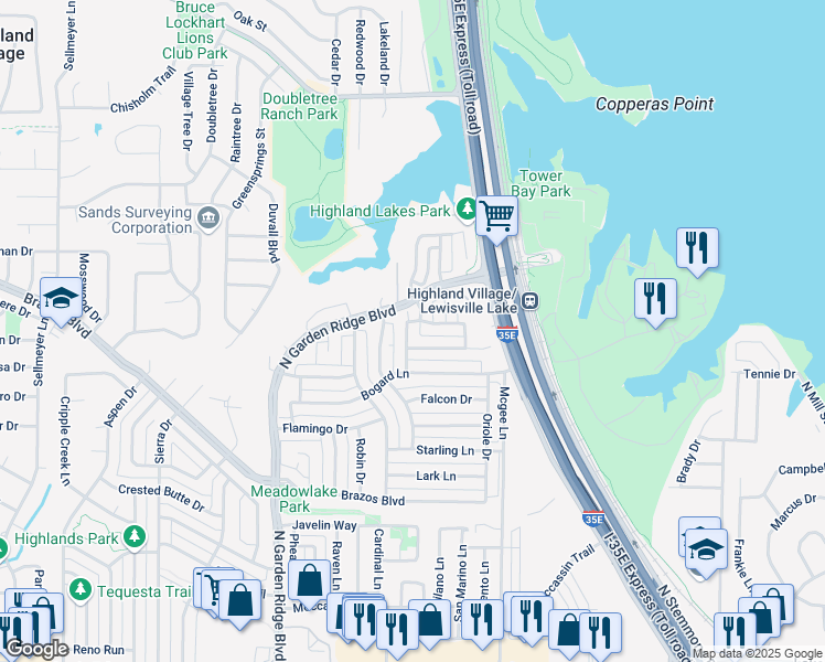 map of restaurants, bars, coffee shops, grocery stores, and more near 2213 Campbellcroft Drive in Lewisville