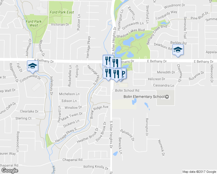 map of restaurants, bars, coffee shops, grocery stores, and more near 1000 Annalea Brook Drive in Allen