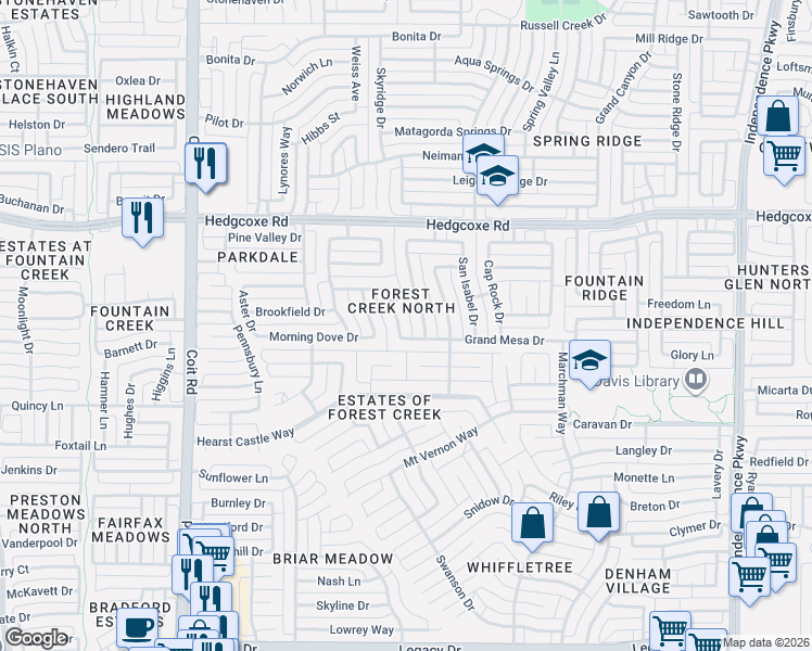 map of restaurants, bars, coffee shops, grocery stores, and more near 7704 Myrtle Springs Drive in Plano