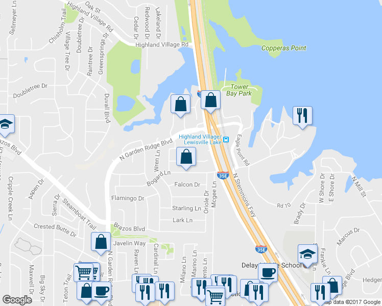 map of restaurants, bars, coffee shops, grocery stores, and more near 1316 Baythorne Drive in Lewisville