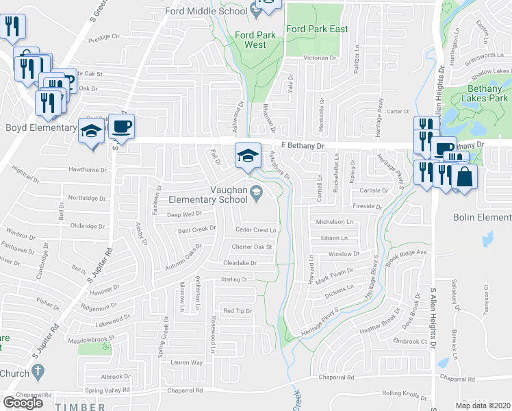 map of restaurants, bars, coffee shops, grocery stores, and more near 820 Cottonwood Drive in Allen