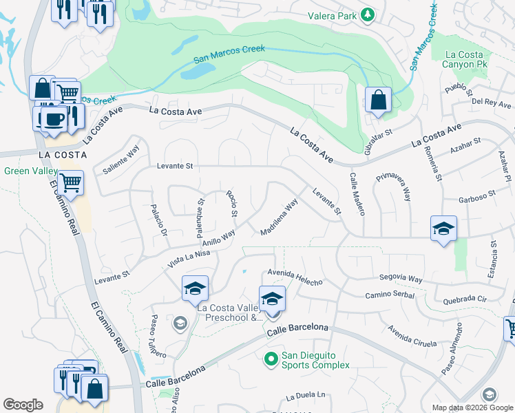 map of restaurants, bars, coffee shops, grocery stores, and more near 7761 Anillo Way in Carlsbad