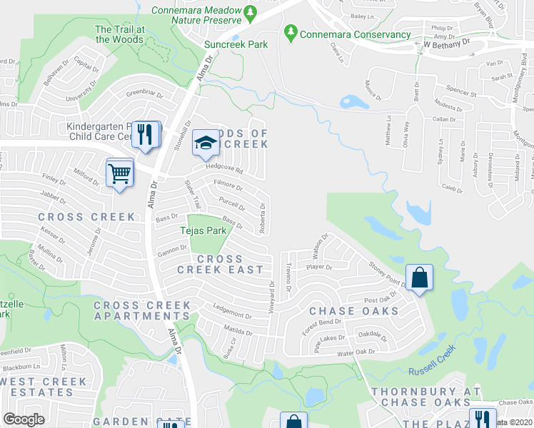 map of restaurants, bars, coffee shops, grocery stores, and more near 7824 Roberta Drive in Plano