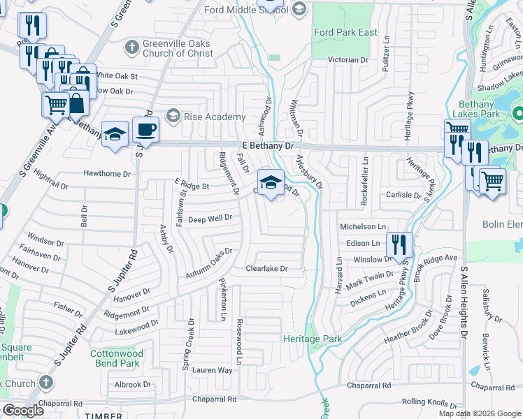 map of restaurants, bars, coffee shops, grocery stores, and more near 909 Blackstone Drive in Allen
