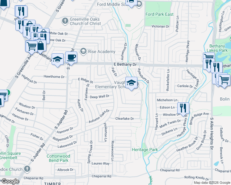 map of restaurants, bars, coffee shops, grocery stores, and more near 905 Ridgemont Drive in Allen