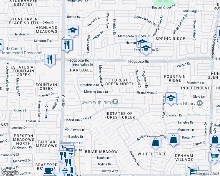 map of restaurants, bars, coffee shops, grocery stores, and more near 7705 Brushfield Drive in Plano