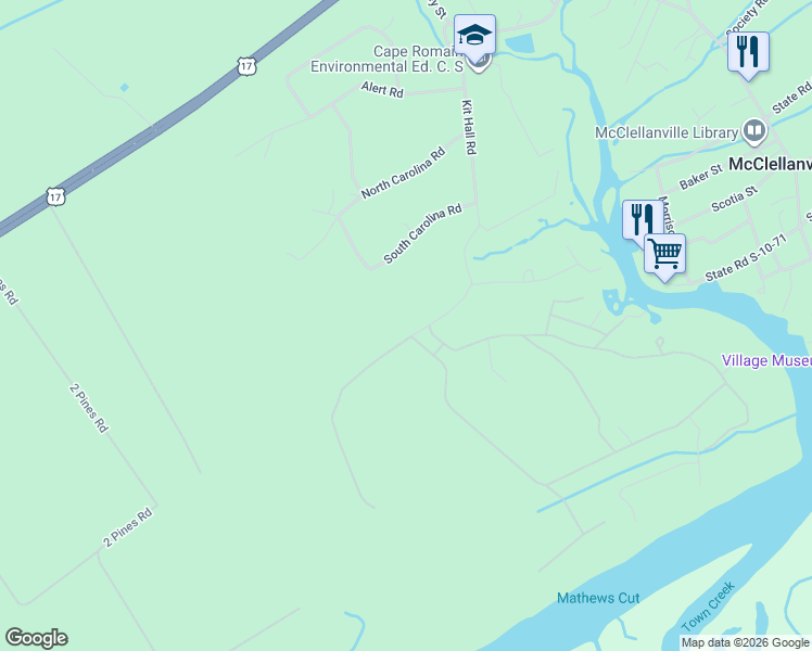 map of restaurants, bars, coffee shops, grocery stores, and more near 711 Kit Hall Road in McClellanville