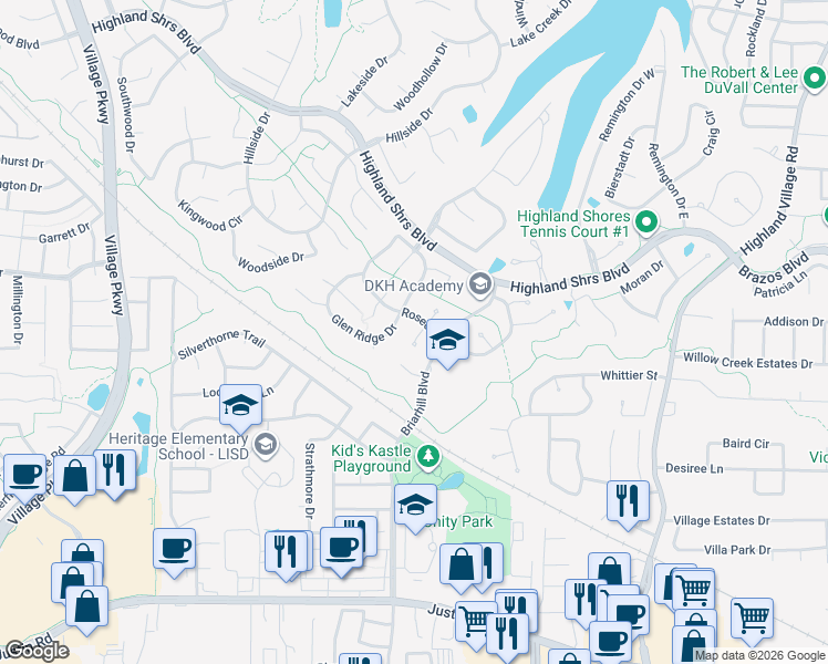 map of restaurants, bars, coffee shops, grocery stores, and more near 606 Shasta Court in Highland Village