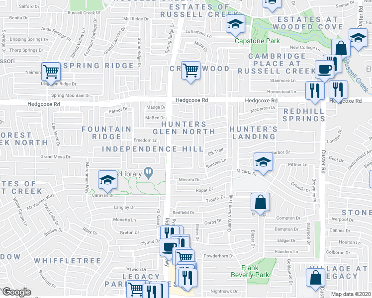 map of restaurants, bars, coffee shops, grocery stores, and more near 2808 Barksdale Drive in Plano