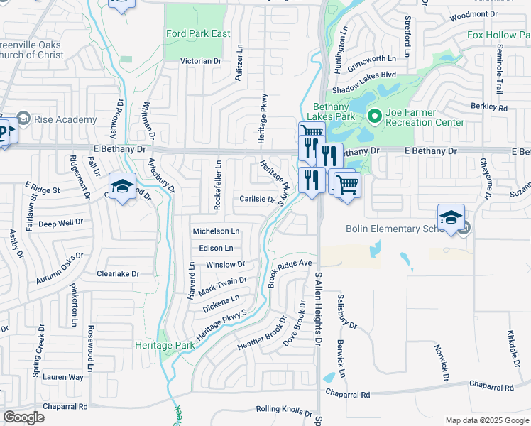 map of restaurants, bars, coffee shops, grocery stores, and more near 1047 Fireside Drive in Allen