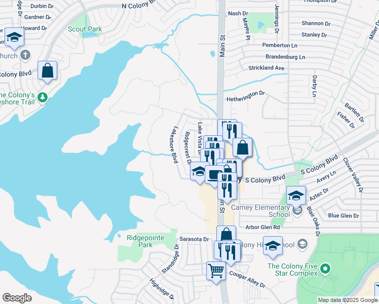 map of restaurants, bars, coffee shops, grocery stores, and more near 5036 Ridgecrest Drive in The Colony