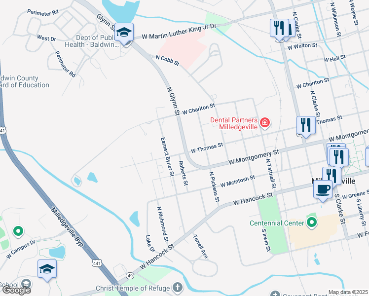map of restaurants, bars, coffee shops, grocery stores, and more near 400 North Glynn Street in Milledgeville