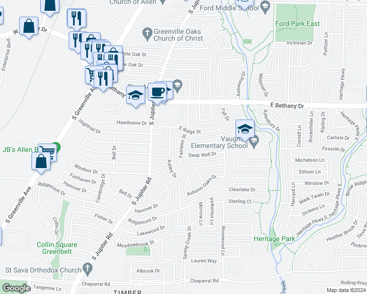 map of restaurants, bars, coffee shops, grocery stores, and more near 700 Cottonwood Drive in Allen