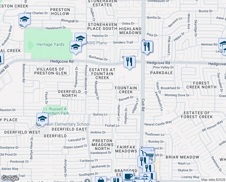 map of restaurants, bars, coffee shops, grocery stores, and more near 4117 Christopher Way in Plano