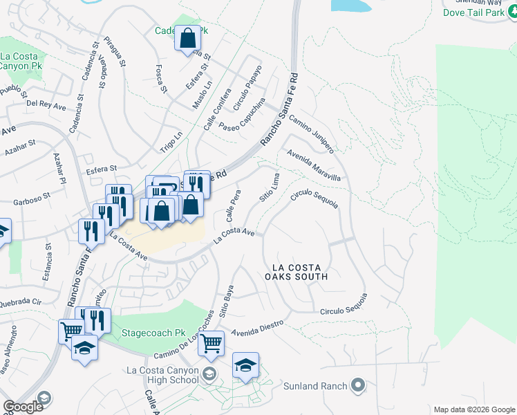 map of restaurants, bars, coffee shops, grocery stores, and more near 7409 Sitio Lima in Carlsbad