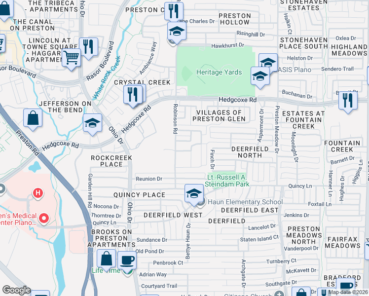 map of restaurants, bars, coffee shops, grocery stores, and more near 4601 Pine Brook Drive in Plano