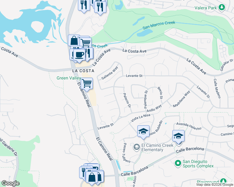 map of restaurants, bars, coffee shops, grocery stores, and more near 2102 Sereno Court in Carlsbad