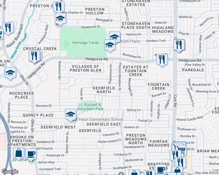 map of restaurants, bars, coffee shops, grocery stores, and more near 4525 Ethridge Drive in Plano