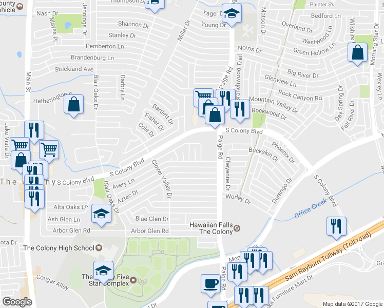 map of restaurants, bars, coffee shops, grocery stores, and more near 4909 Avery Circle in The Colony
