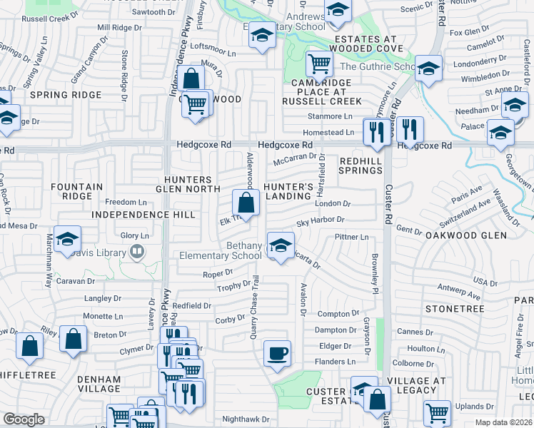 map of restaurants, bars, coffee shops, grocery stores, and more near 2448 La Guardia Drive in Plano