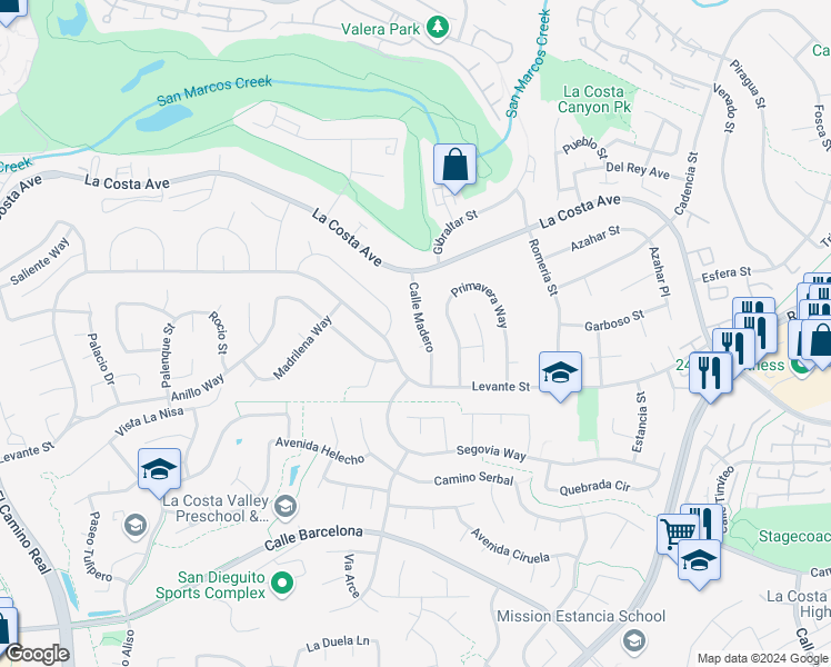 map of restaurants, bars, coffee shops, grocery stores, and more near 7645 Calle Madero in Carlsbad