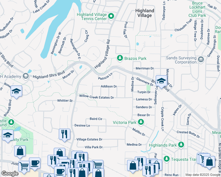map of restaurants, bars, coffee shops, grocery stores, and more near 130 Addison Drive in Highland Village