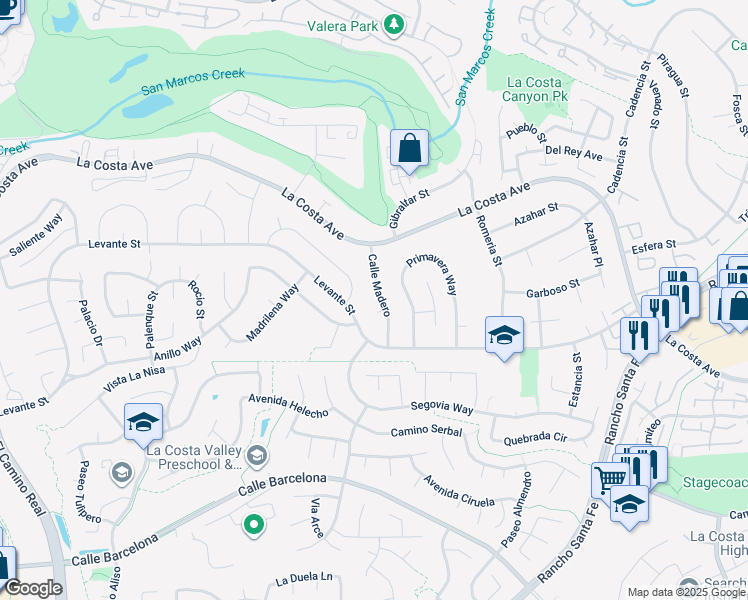 map of restaurants, bars, coffee shops, grocery stores, and more near 7645 Calle Madero in Carlsbad