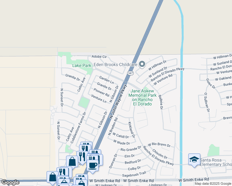 map of restaurants, bars, coffee shops, grocery stores, and more near 22307 Gibson Drive in Maricopa