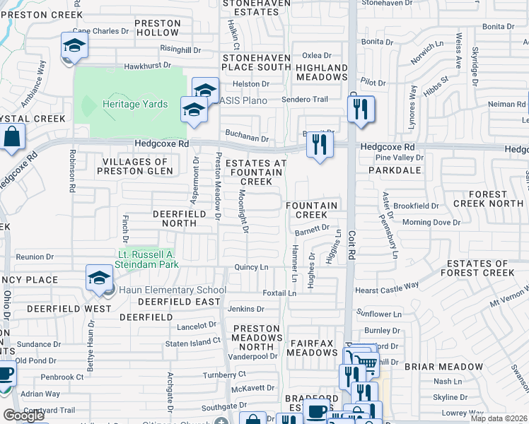 map of restaurants, bars, coffee shops, grocery stores, and more near 4320 Giovanni Dr in Plano