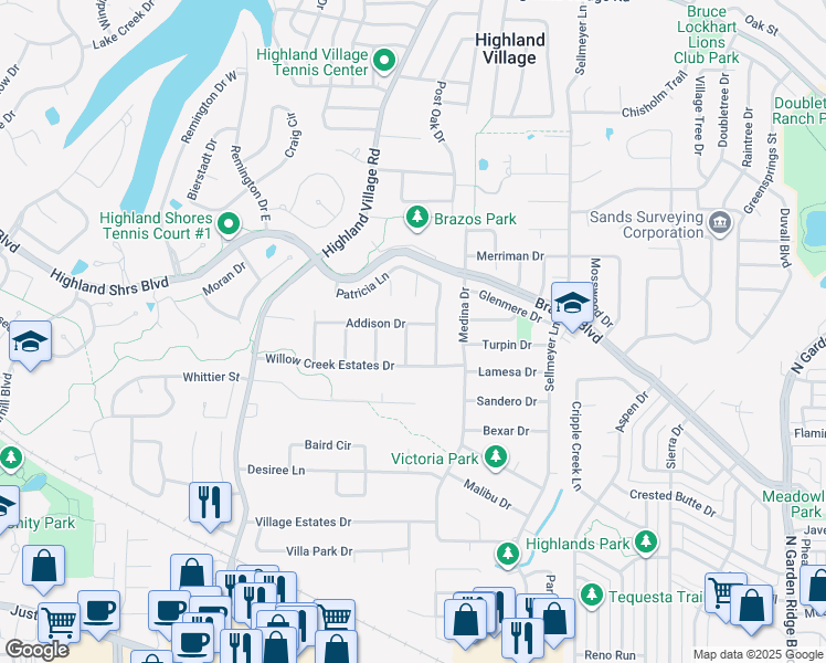map of restaurants, bars, coffee shops, grocery stores, and more near 142 Addison Drive in Highland Village