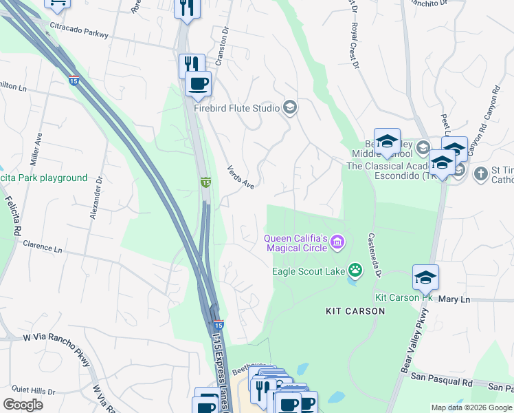 map of restaurants, bars, coffee shops, grocery stores, and more near 2920 Su Siempre Place in Escondido