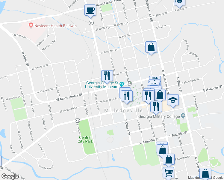 map of restaurants, bars, coffee shops, grocery stores, and more near 410 West Montgomery Street in Milledgeville