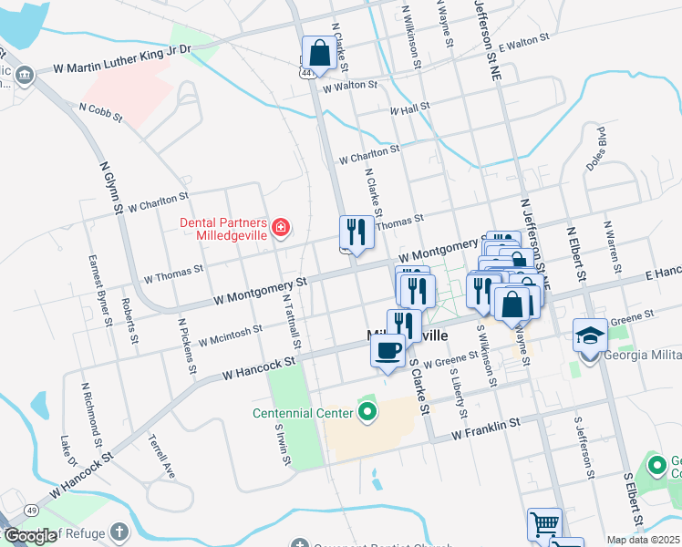 map of restaurants, bars, coffee shops, grocery stores, and more near 230 North Columbia Street in Milledgeville
