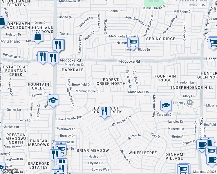 map of restaurants, bars, coffee shops, grocery stores, and more near 7704 Myrtle Springs Drive in Plano