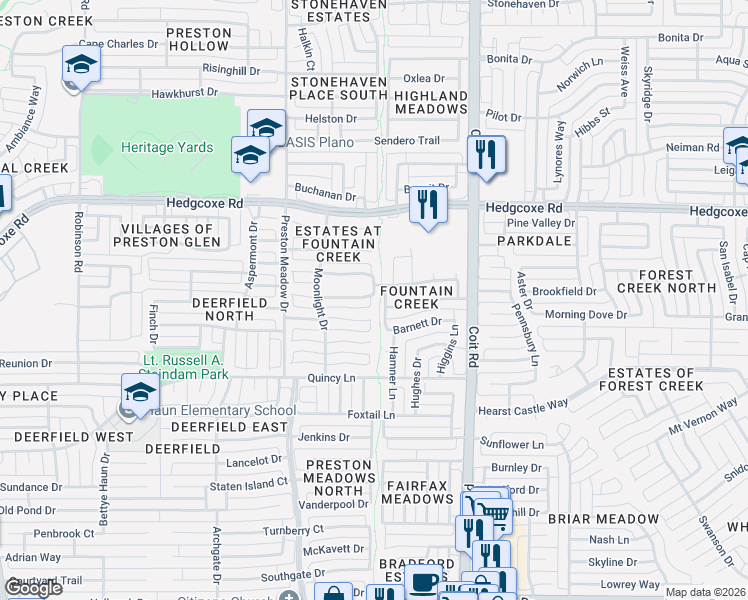 map of restaurants, bars, coffee shops, grocery stores, and more near 4117 Christopher Way in Plano
