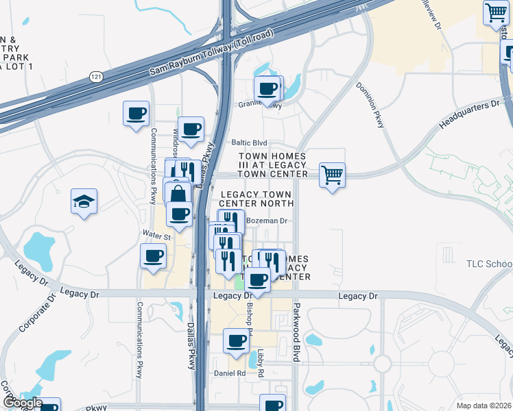 map of restaurants, bars, coffee shops, grocery stores, and more near 5765 Bozeman Drive in Plano